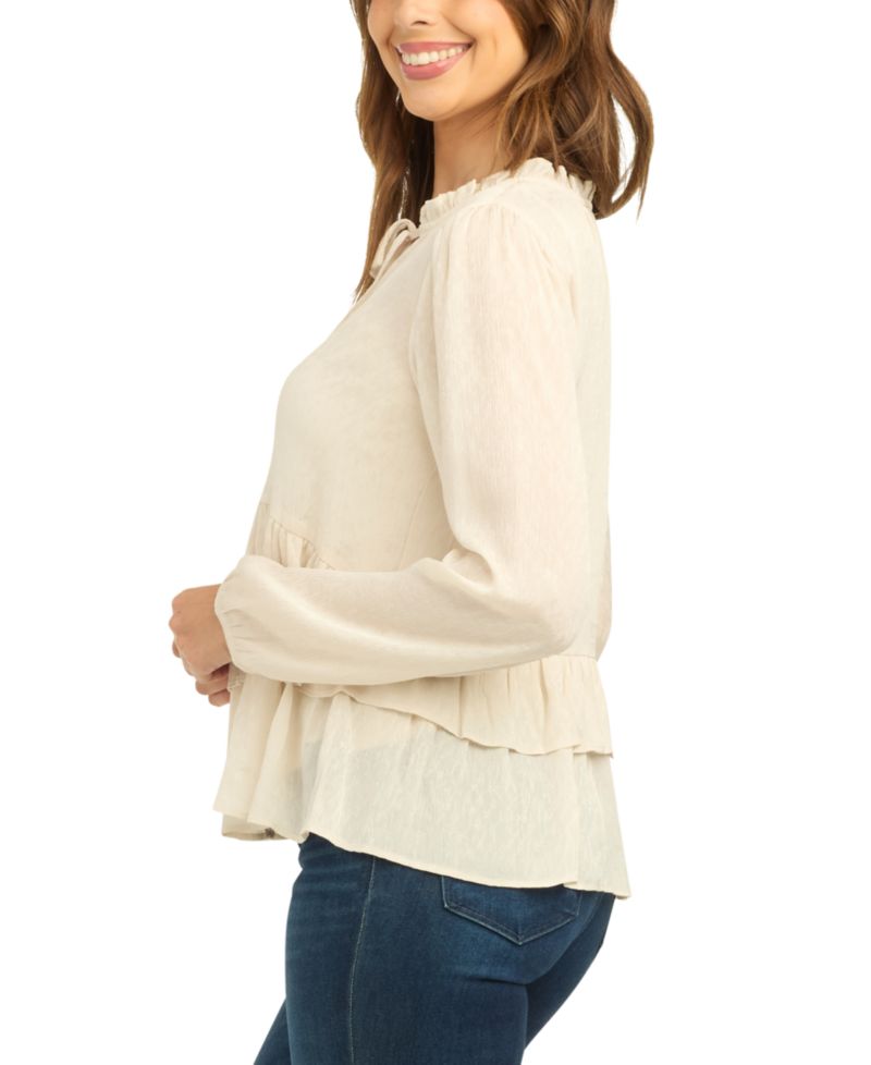 Juniors' Long-Sleeve Button-Front Peplum Chiffon Jacquard Blouse
