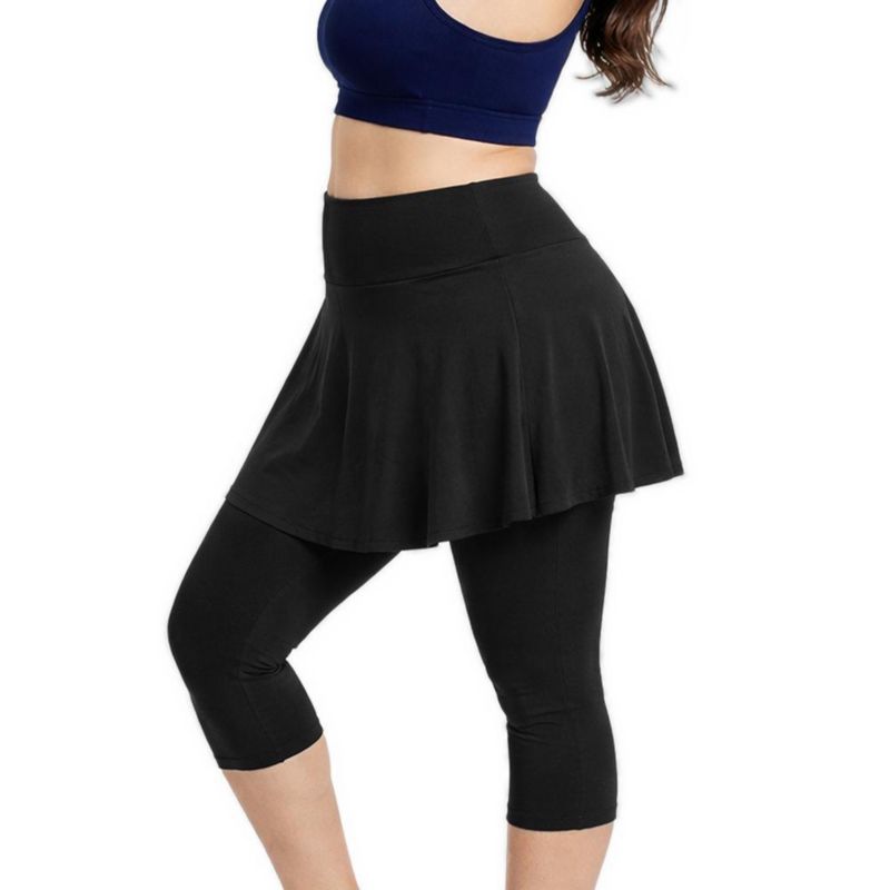 Plus Size Chlorine Resistant High Waisted Flared Swim Skort With Attached Capri Leggings