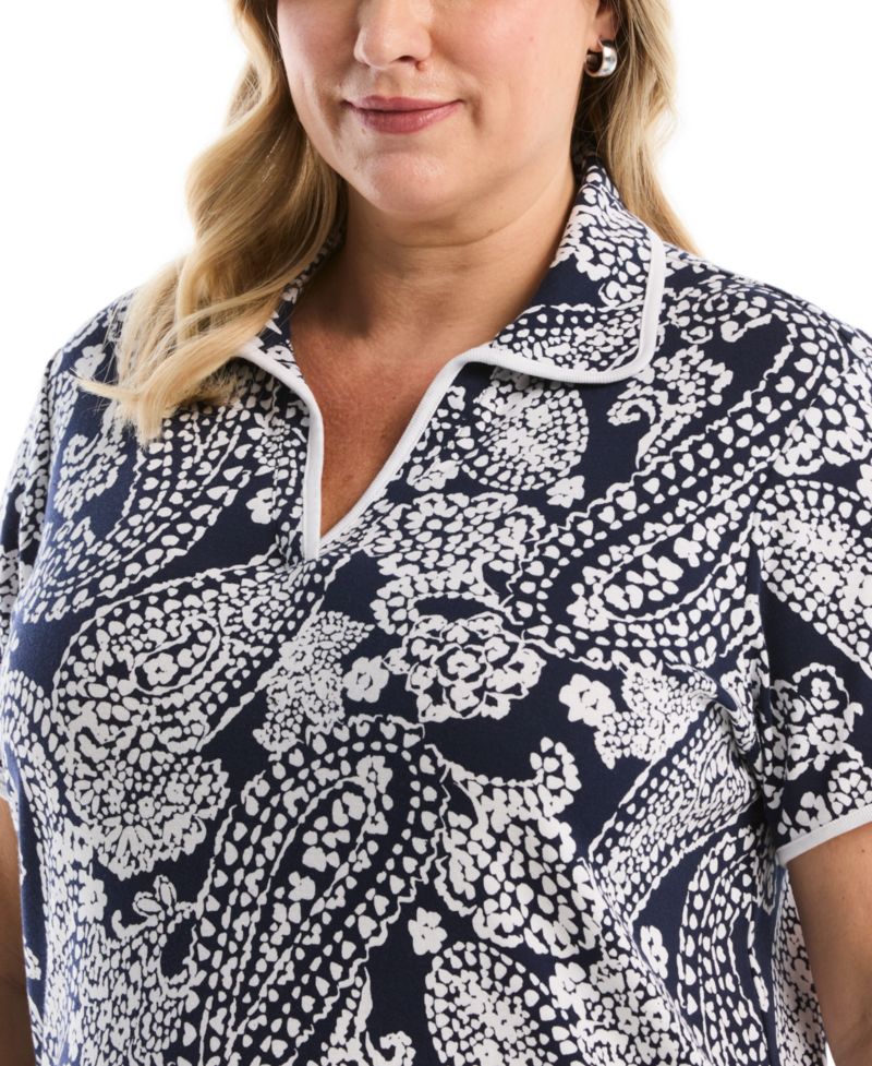 Plus Size Paisley Print Contrast Trim Johnny Collar Short-Sleeve Polo Shirt