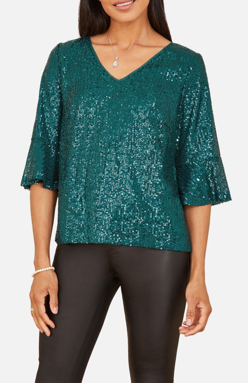 Women's Fluted Sleeve Sequin Top
