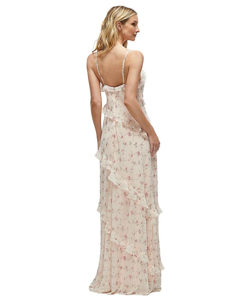 Women's Asymmetrical Ruffle Chiffon Bias Slip Maxi Dress