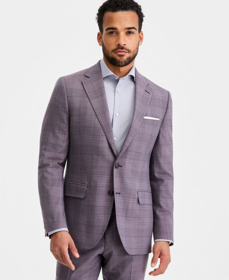 Men's Modern-Fit Wool-Blend Purple Plaid Suit Separates Jacket