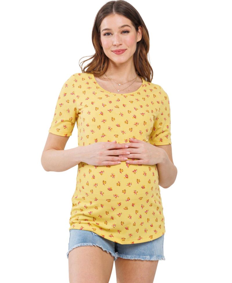 Maternity Floral Rib Short Sleeve Crossover Nursing Shirt