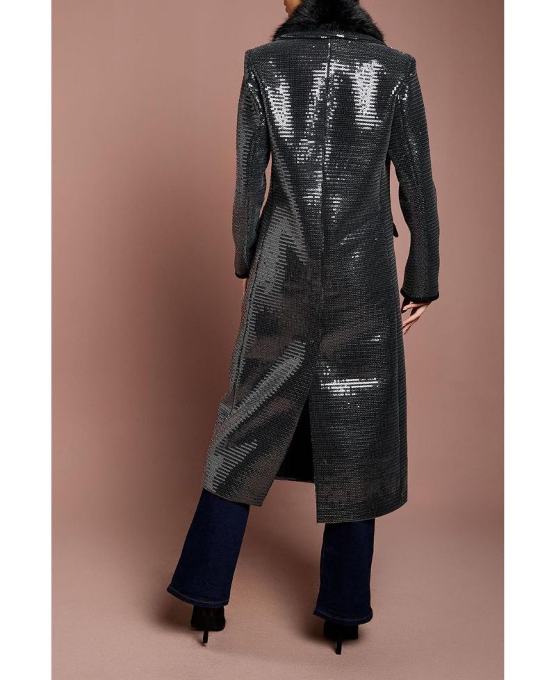 Women's Faux Fur Collar Sequin Longline Coat