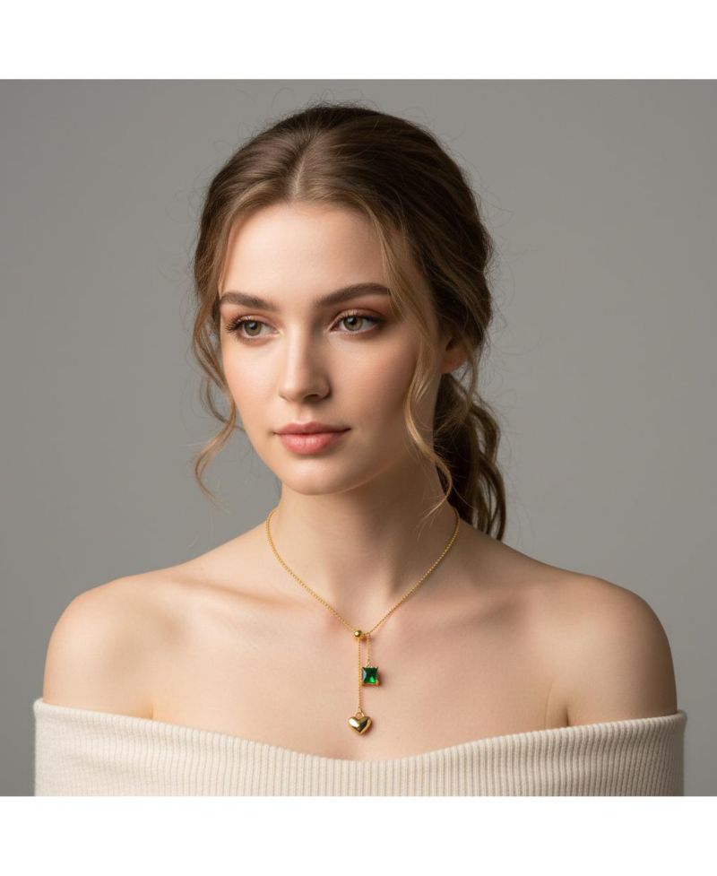 Dainty 14K Gold Plated Heart & CZ "Y" Drop Lariat Necklace
