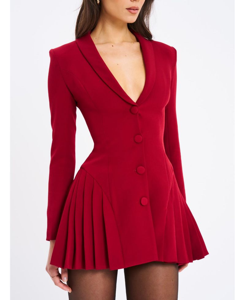 Women's Delia Burgundy Blazer Dress with Pleated Detail
