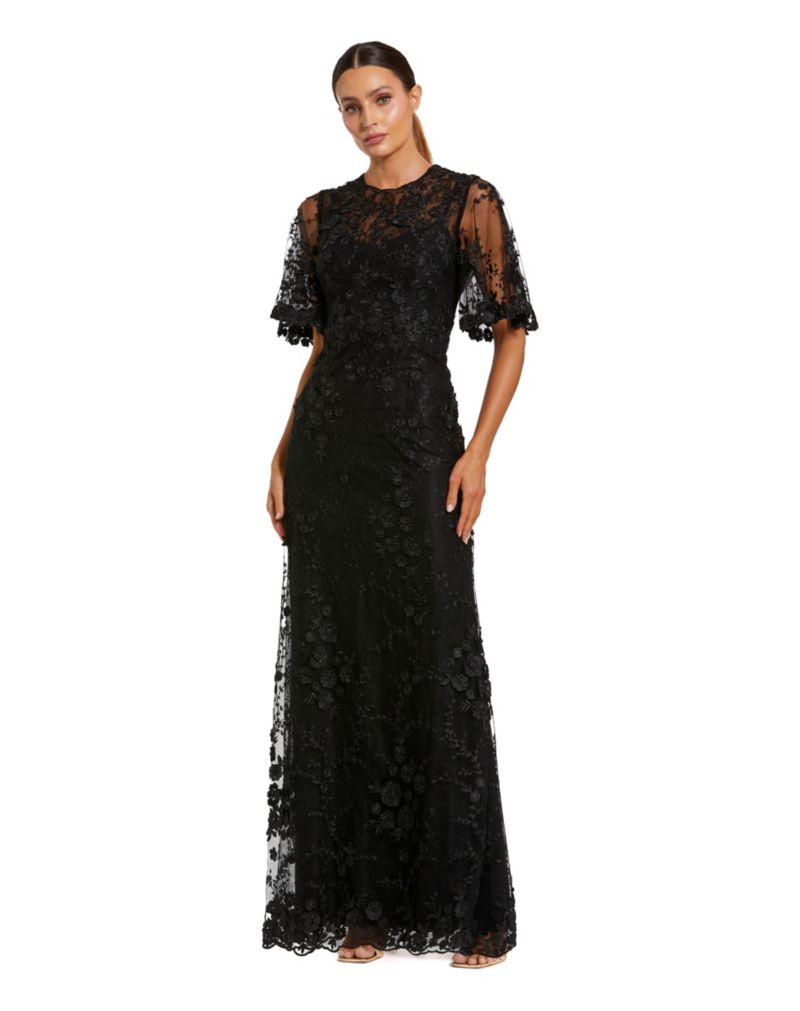 Women's Flutter Sleeve Floral Emboridered Net Gown