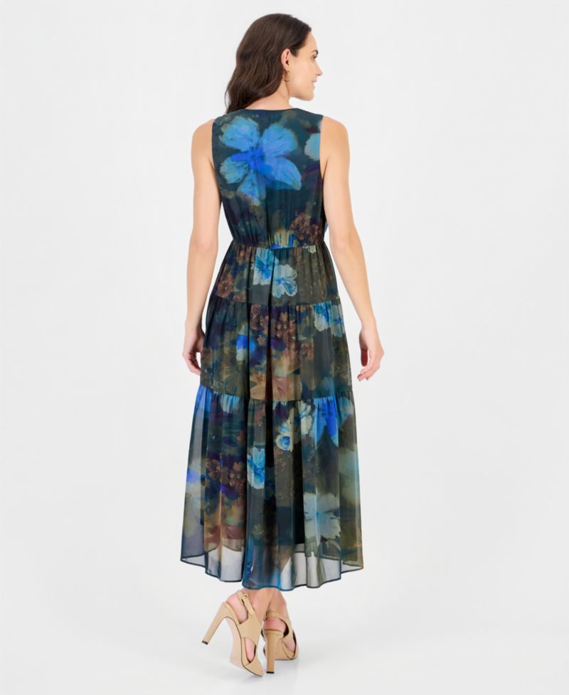Women's Sl Tiered Maxi Sleeveless V-Neck Floral-Print Dress