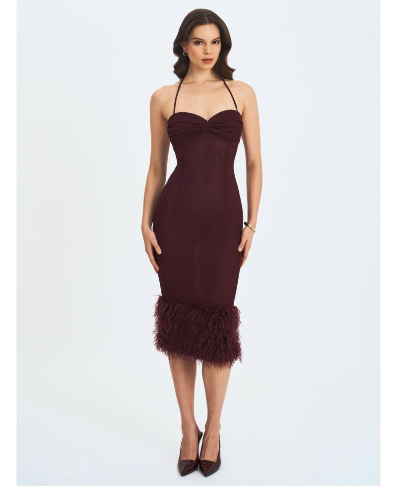 Women's Pluma Maroon Halter Faux-Fur Trimmed Midi Dress