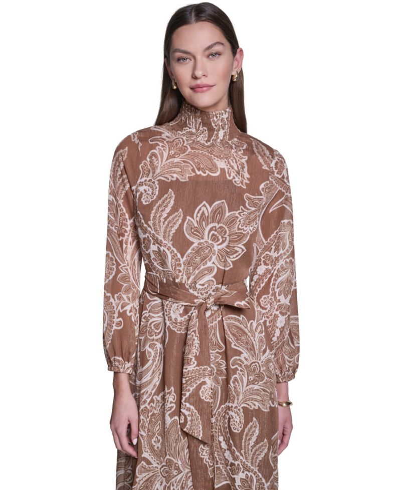 Women's Paisley-Printed Long-Sleeve Chiffon Midi Dress