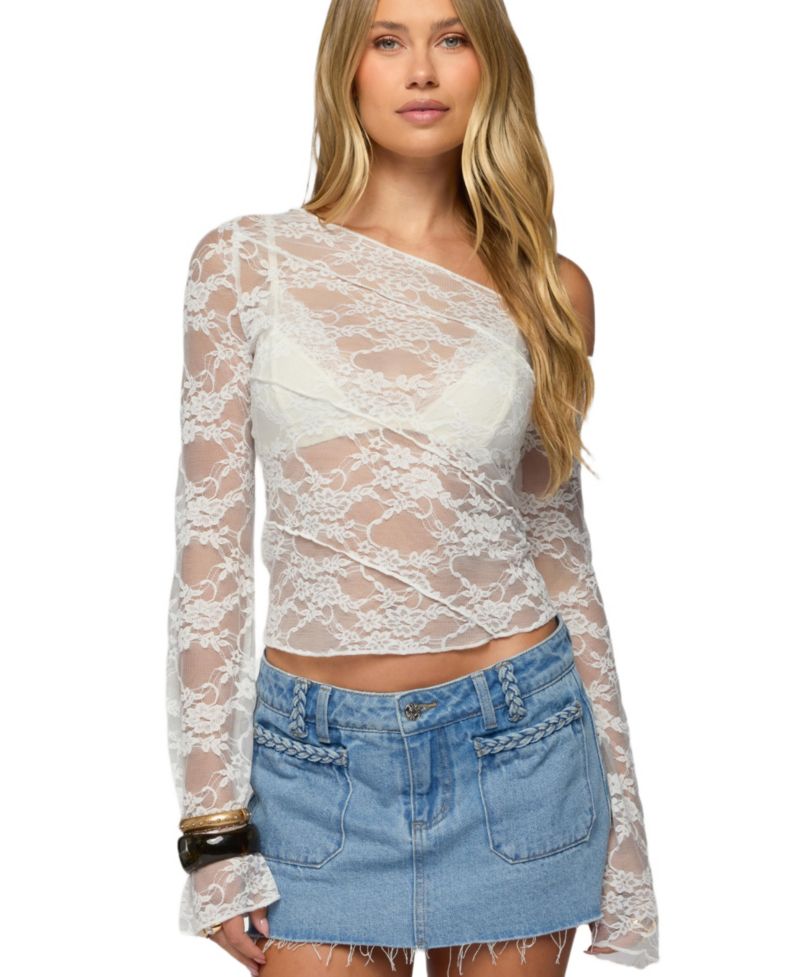 Women's Stitched Sheer Lace Off Shoulder Top
