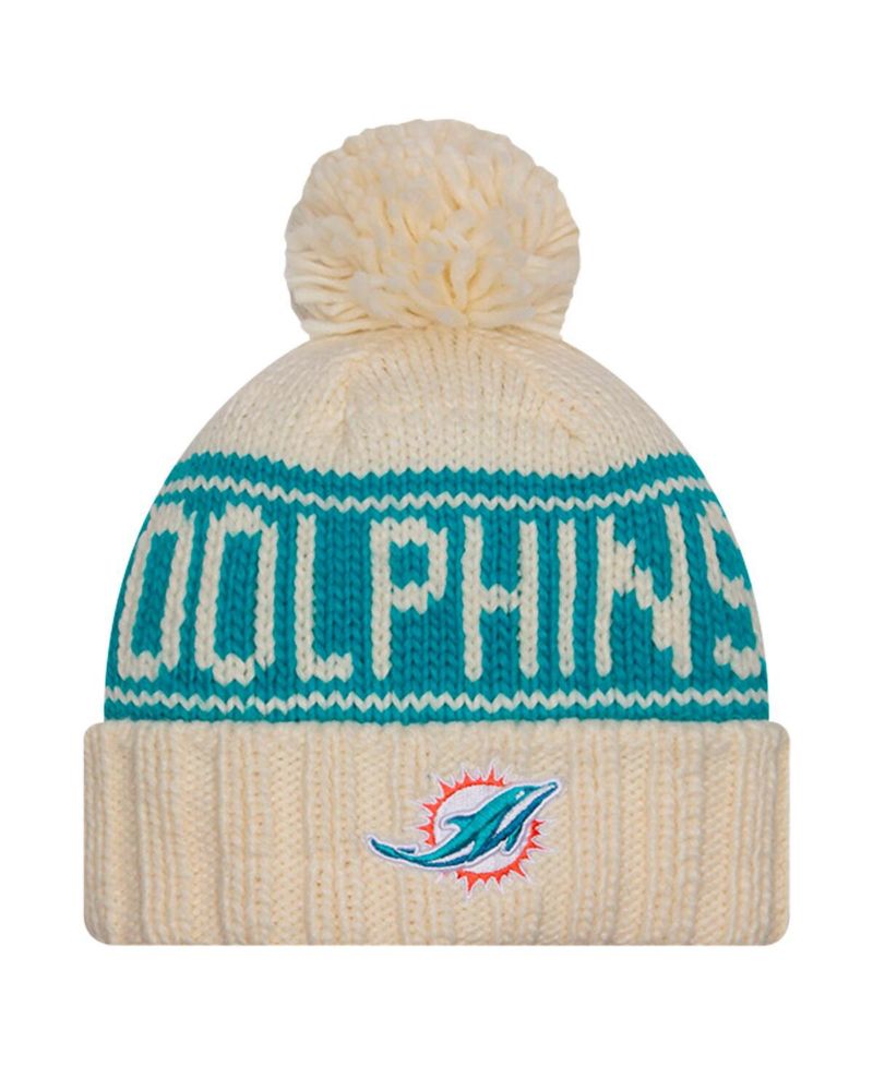 Women's Cream Miami Dolphins 2024 Sideline Cuffed Knit Hat with Pom