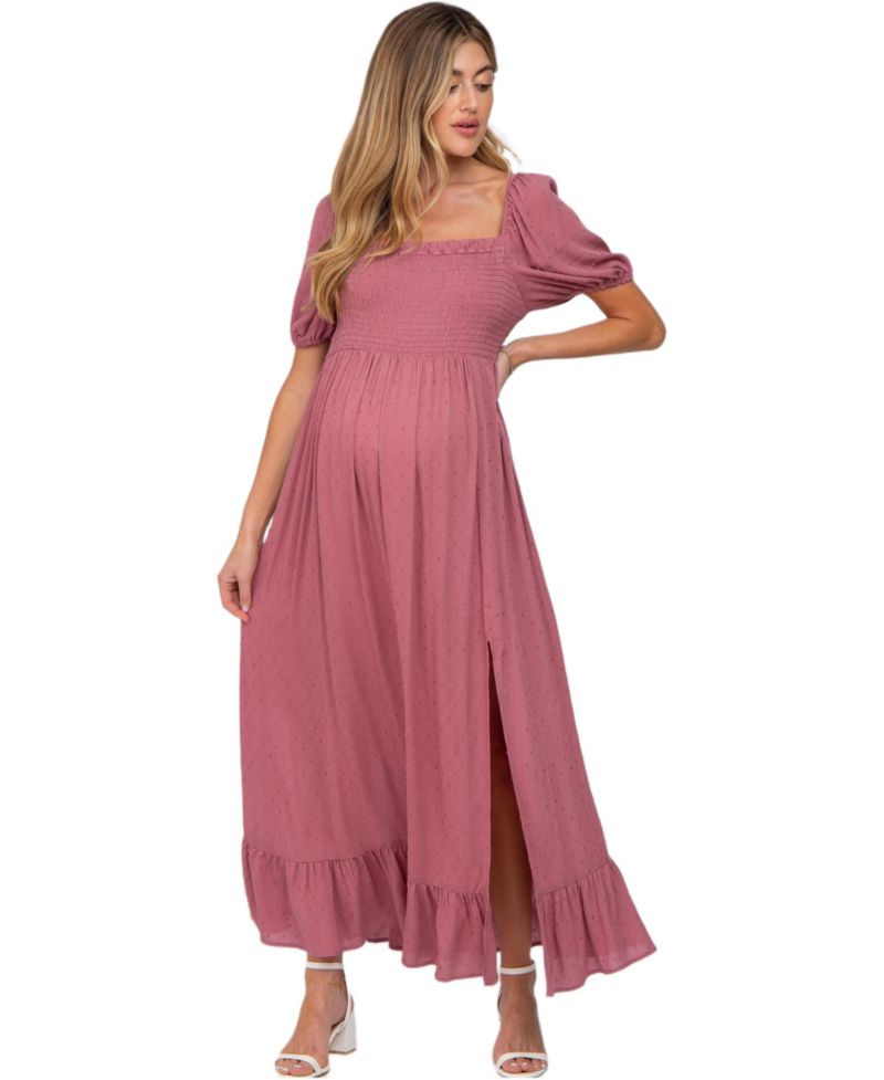 Women's Mauve Swiss Dot Square Neck Smocked Maxi Dress