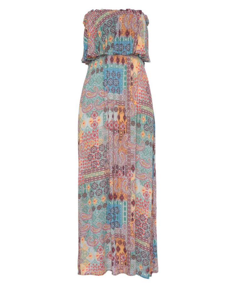 Women's Patchwork-Print Bandeau Ruffle-Trim Maxi Dress