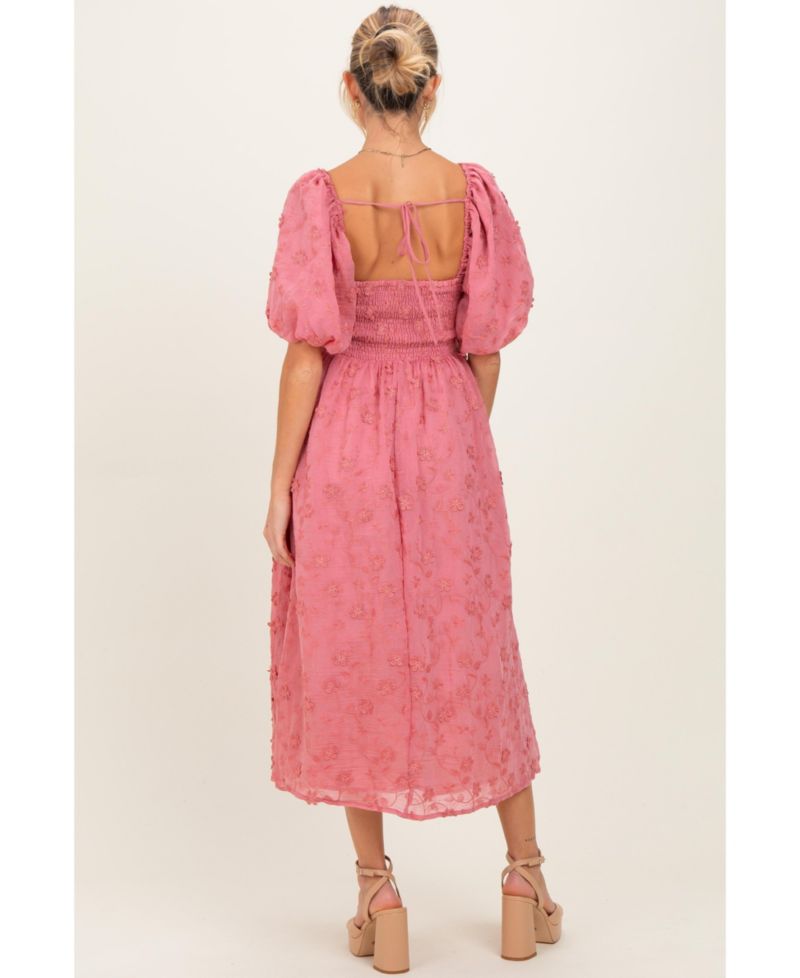 Women's Embroidered Floral Puff Sleeve Midi Dress