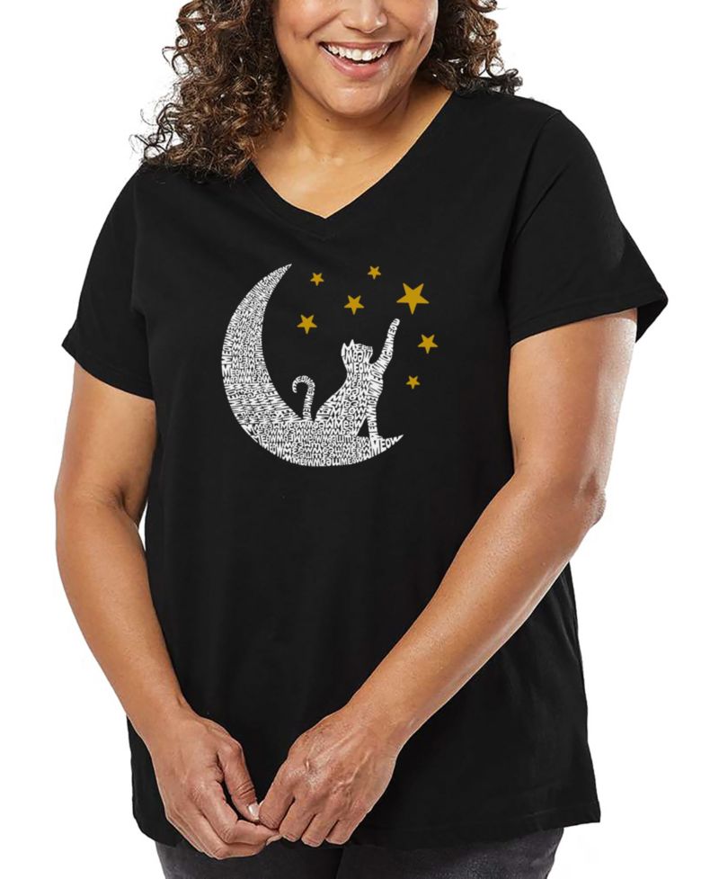 Plus Size Cat Moon Word Art V-Neck T-Shirt