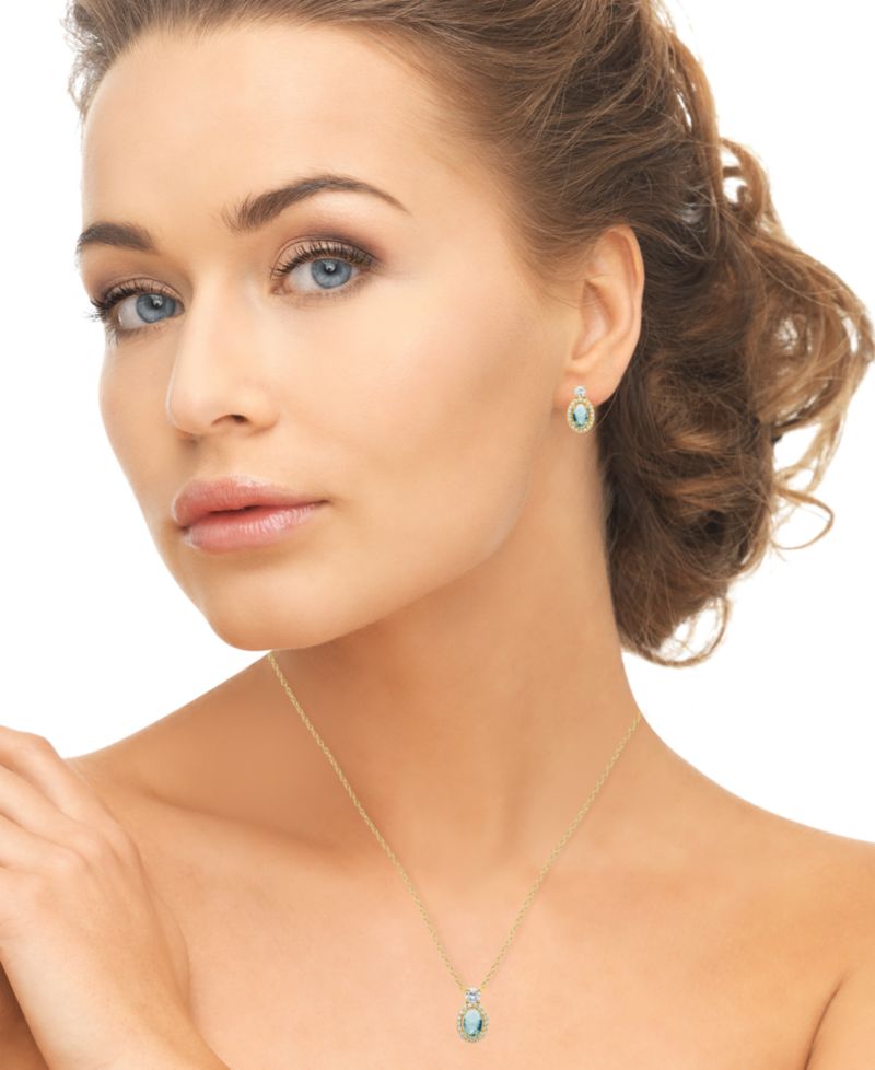 Oval Simulated Gemstone Halo Pendant Necklace with Matching Earrings 2-Piece Set
