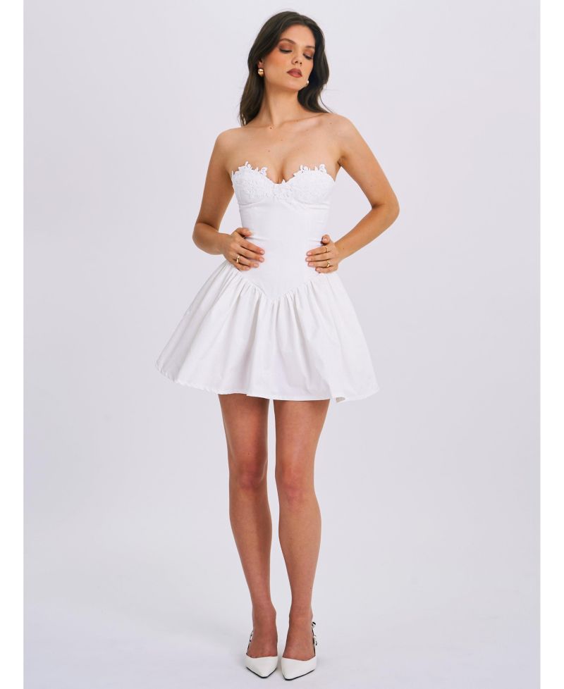 Women's Sacha White Lace Drop Waist Corset Puffy Mini Dress
