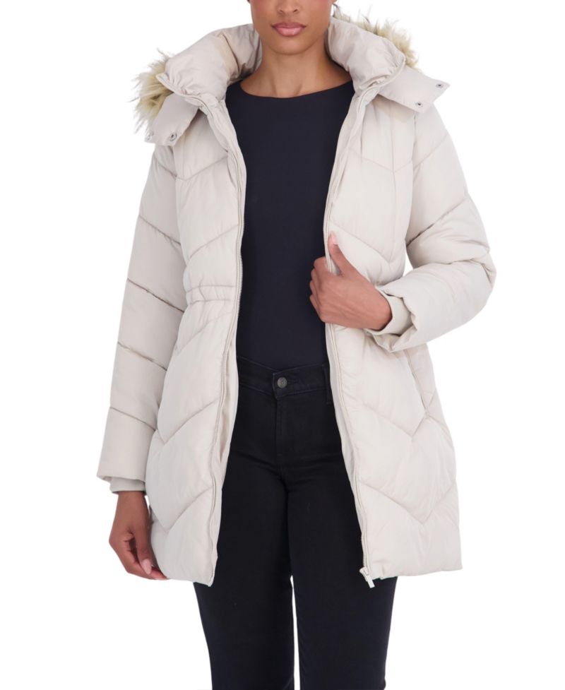 Women's 3/4 Hooded Faux Fur Trimmed Puffer Coat