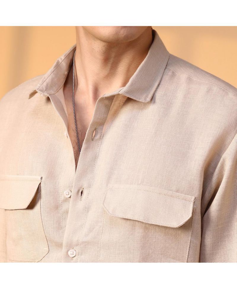 Men's Khaki Beige Solid Utility Shirt