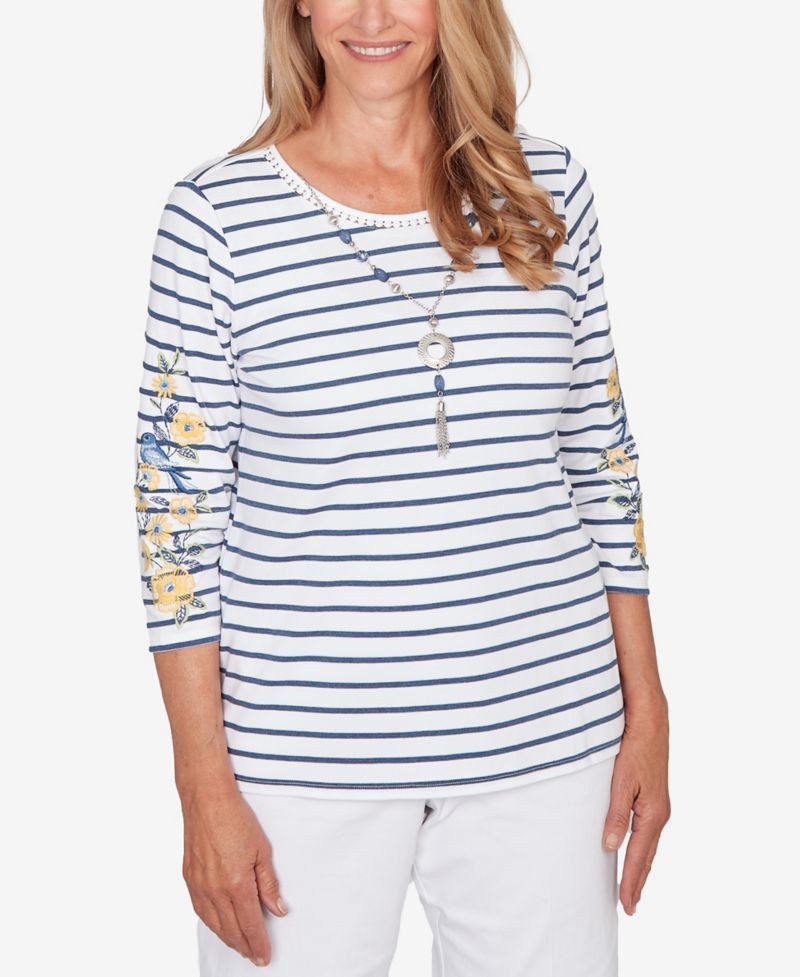 Petite Classic Floral Embroidered Stripe Top with Necklace