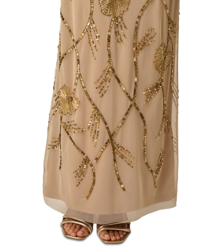 Petite Deco Floral Beaded Mock Neck Gown