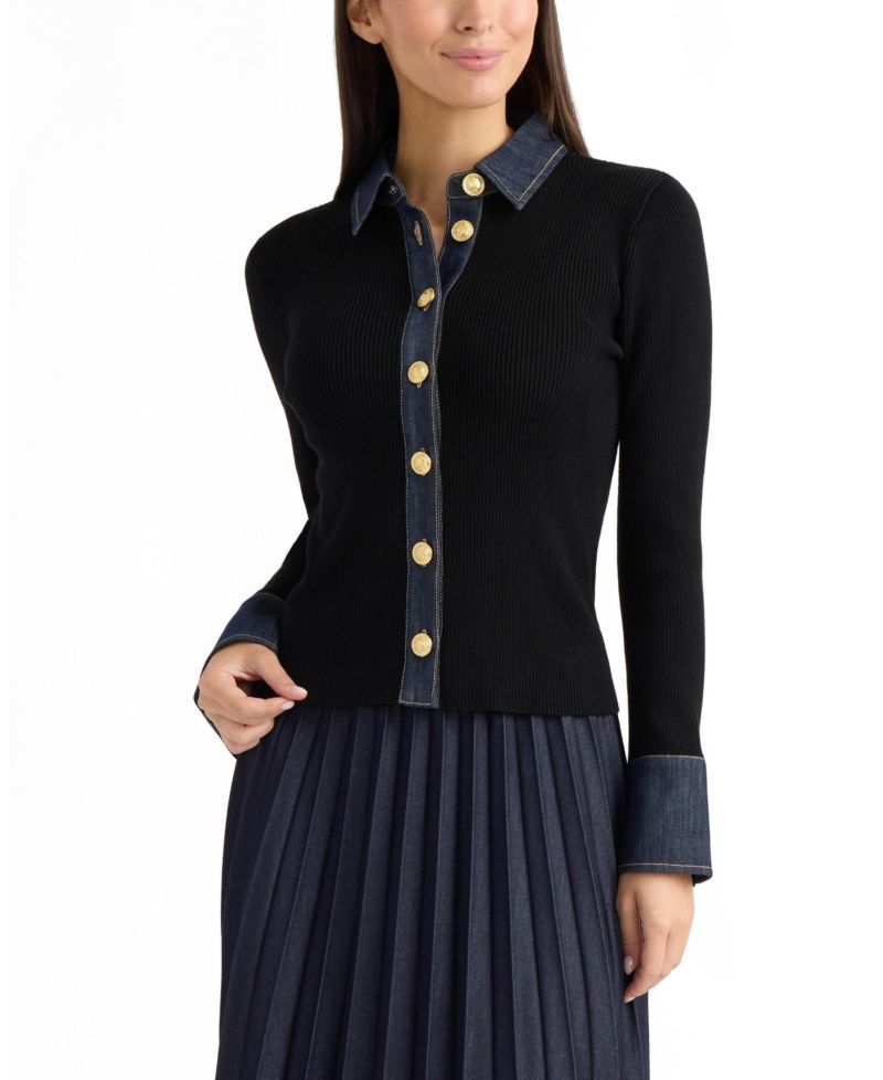 Women's Collared Button-Front Denim Trim Cardigan