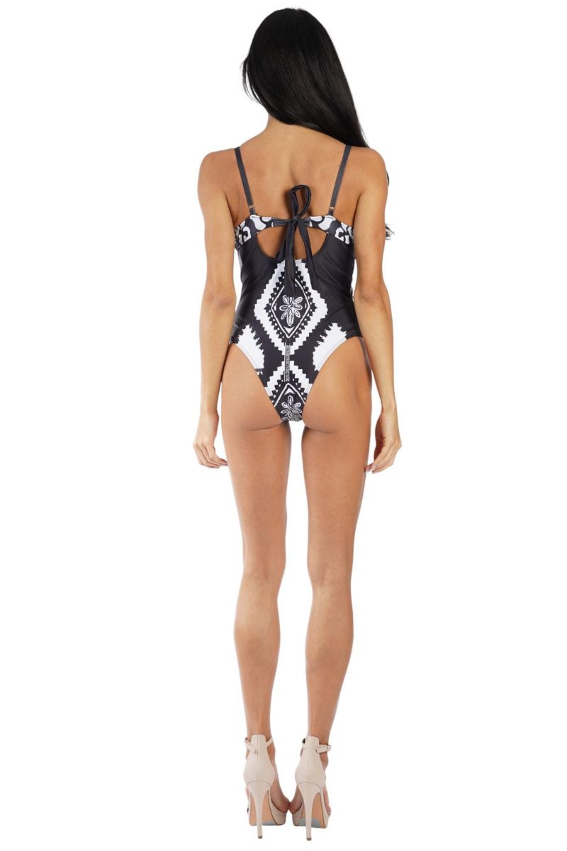 Women's Black and White Cut-Out One Piece Swimsuit - Designer Resort Swimwear