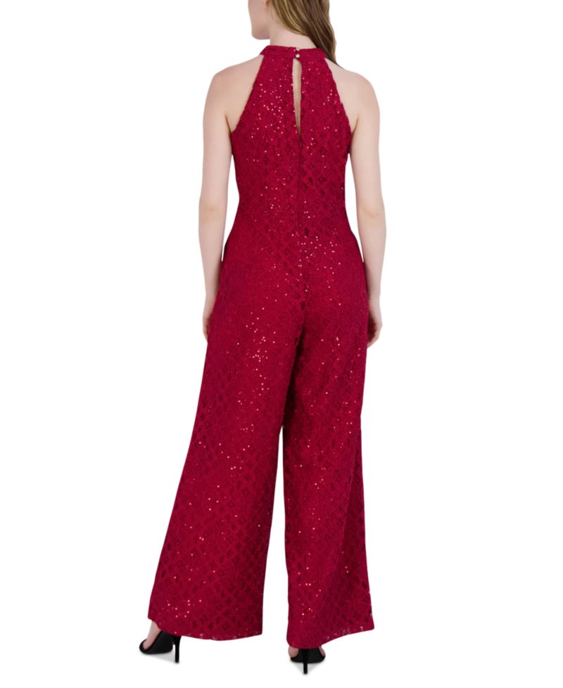 Women's Sequin-Lace Halter Twist-Neck Jumpsuit