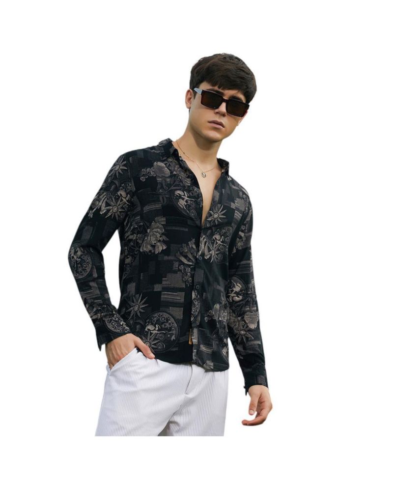 Men's Midnight Black Bloom-Imprint Shirt