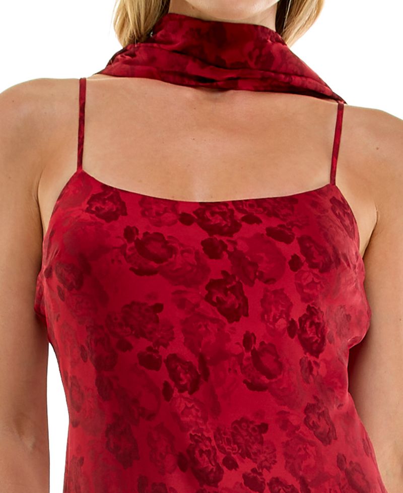 Juniors' Sleeveless Floral Slim Jacquard-Satin Maxi Dress with Matching Scarf