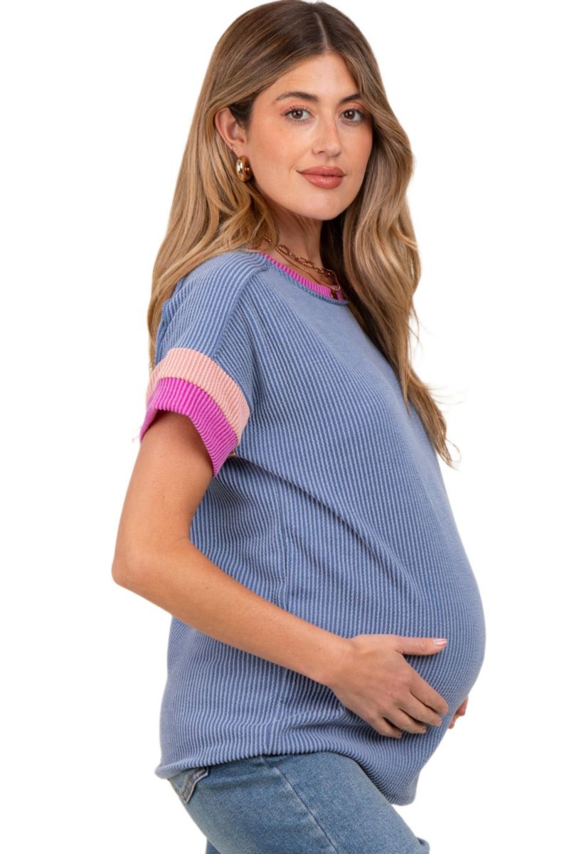 Women's Green Ribbed Colorblock Detail Short Sleeve Top