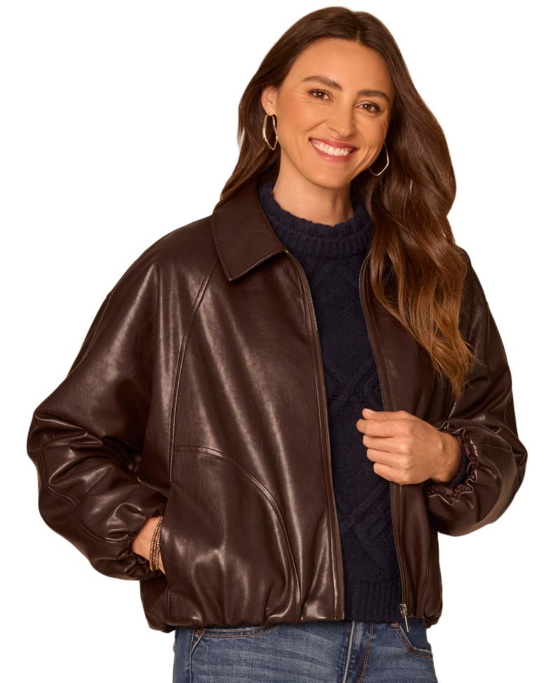 Petite Faux Leather Blouson-Sleeve Raglan Bomber Jacket