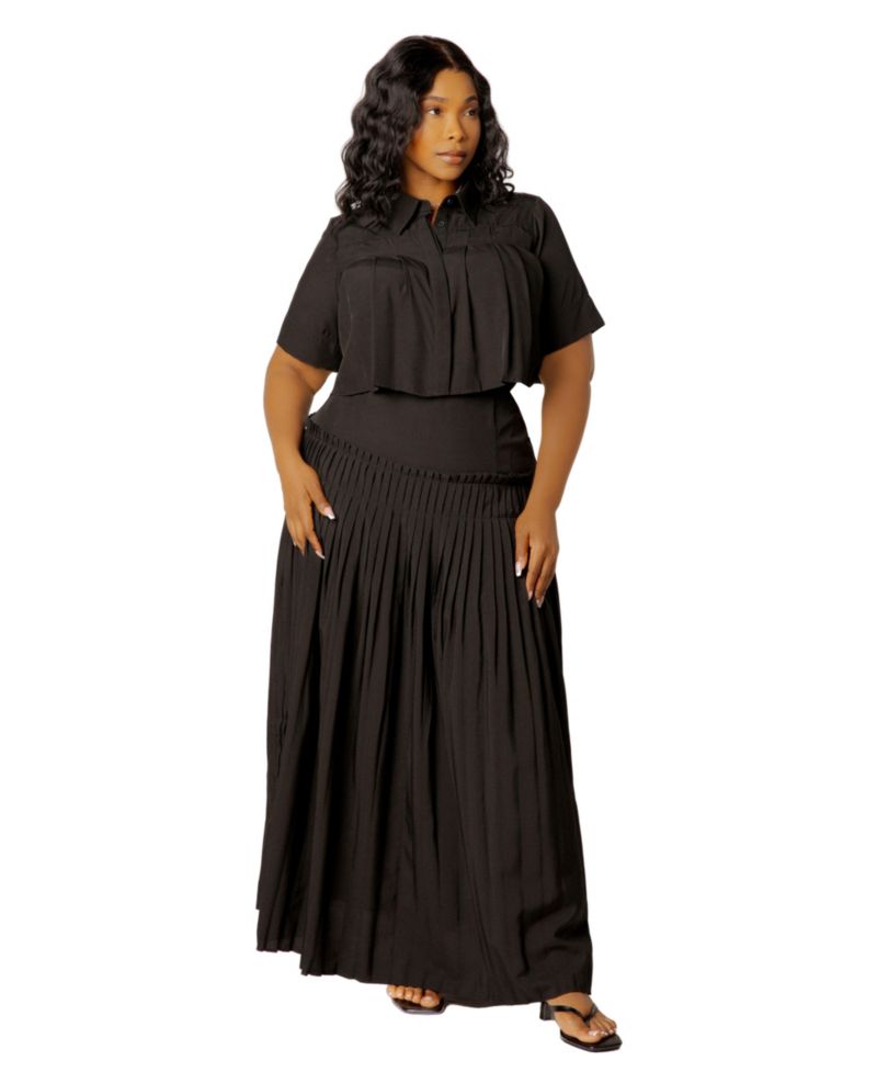 Plus Size Pleated Cropped Collared Top and Skirt Set