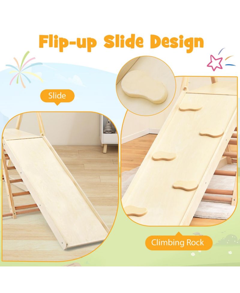 Kids 5-in-1 Indoor Playground w/ Slide Climbing Rock Adjustable Swing Wooden