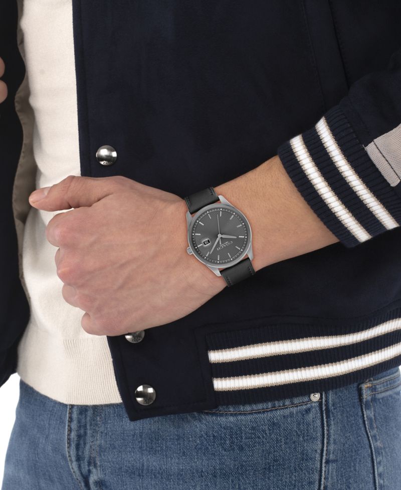 Men's Oliver Black Leather Calfskin Strap Watch, 41mm