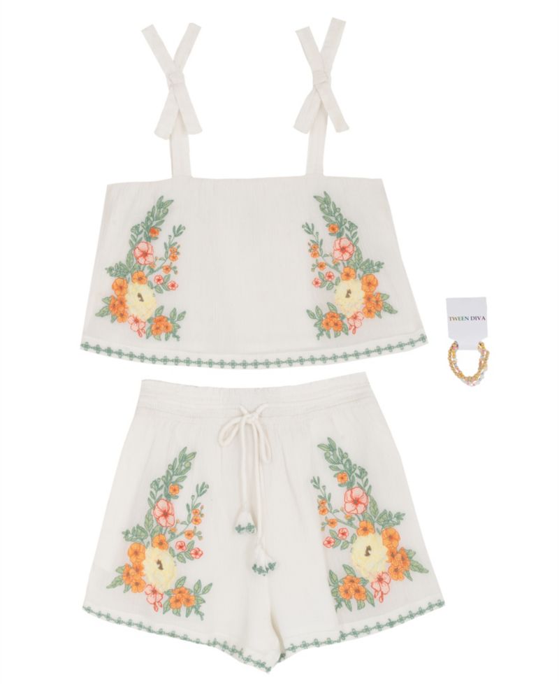 Girls' 7-16 Floral Embroidered Top and Shorts, 2-Piece Set
