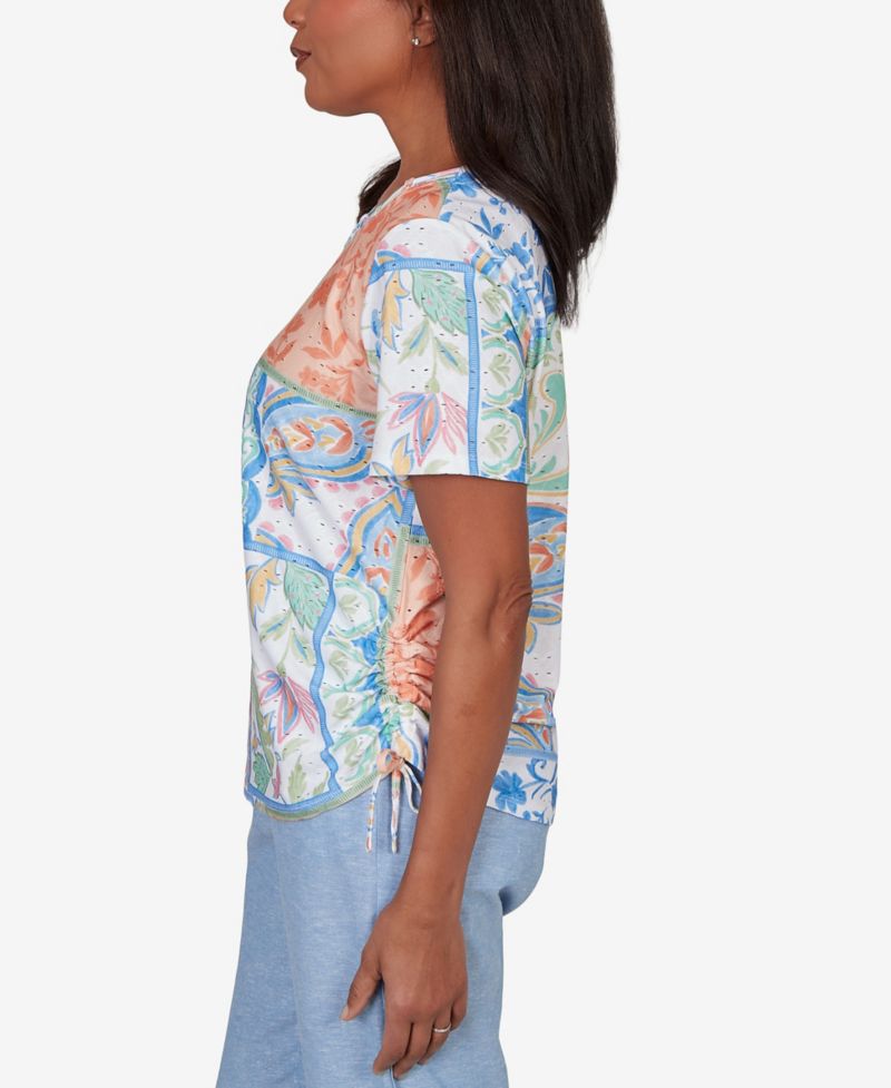 Petite Caribbean Blues Patchwork Scroll Side Tie Ruched T-Shirt