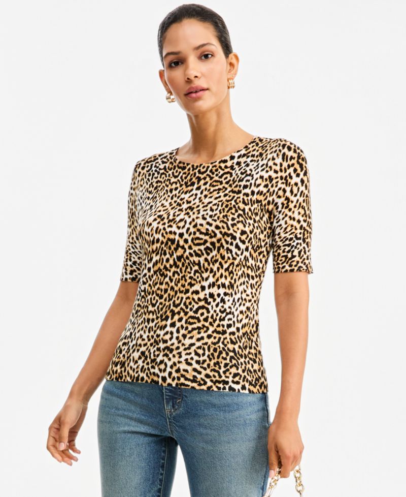 I.N.C. Women's Leopard-Print Fitted Short-Sleeve Crewneck Sweater