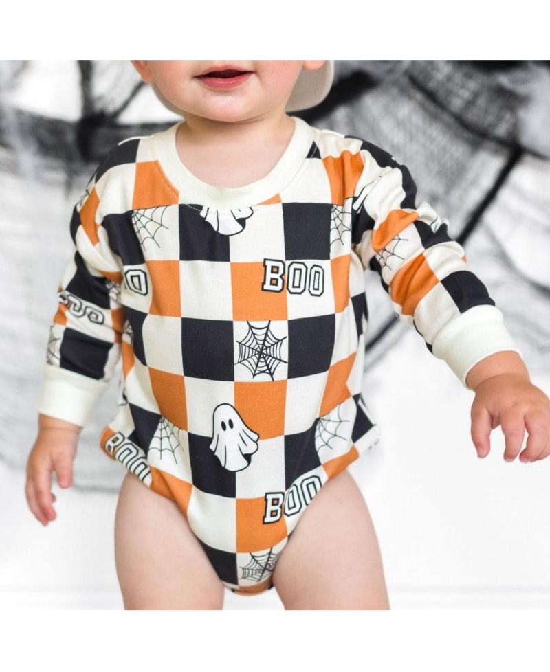 Baby Boys Boo Checkered Halloween Long Sleeve Romper