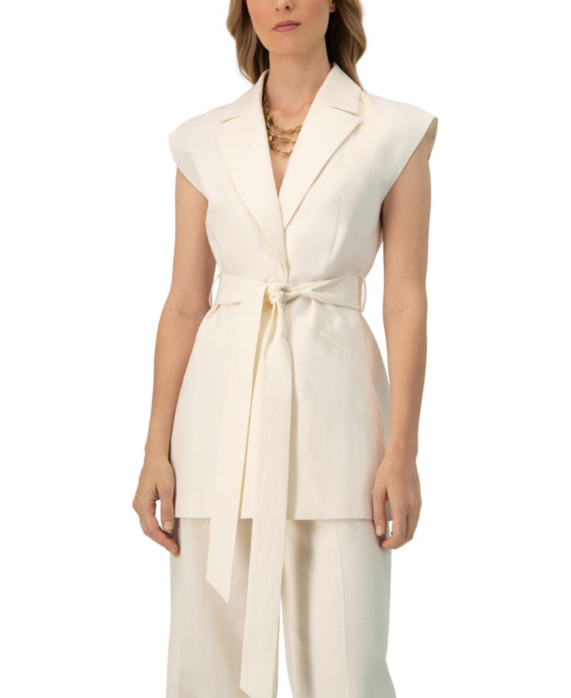 Women's Single-Breasted Linen Vest with Waist Tie