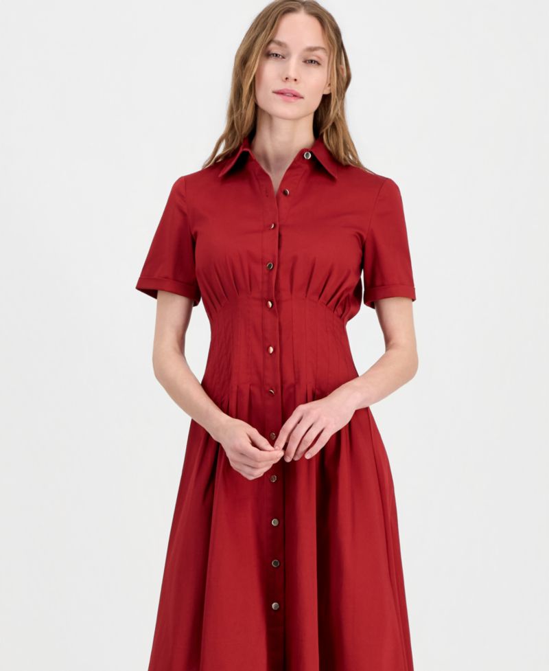 Women's Pleated-Waist Midi Shirt Dress