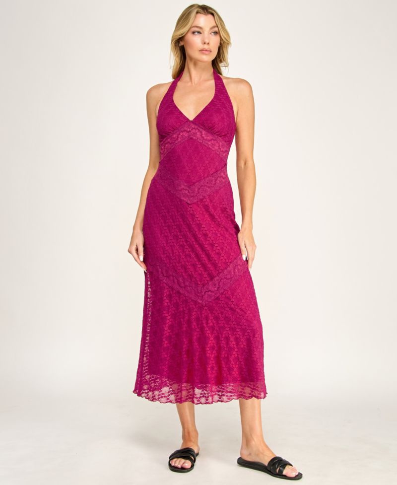 Juniors' Lace Detail Halter Neck Midi Dress