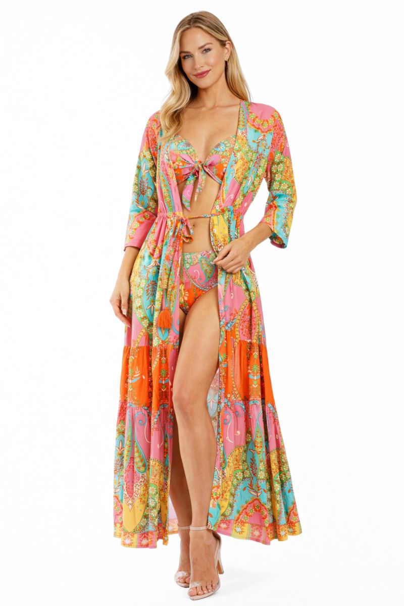 Women's Club Moda Tropical Paisley Maxi Resort Dress - Button Front V-Neck Vacation Dress with Waist Tie