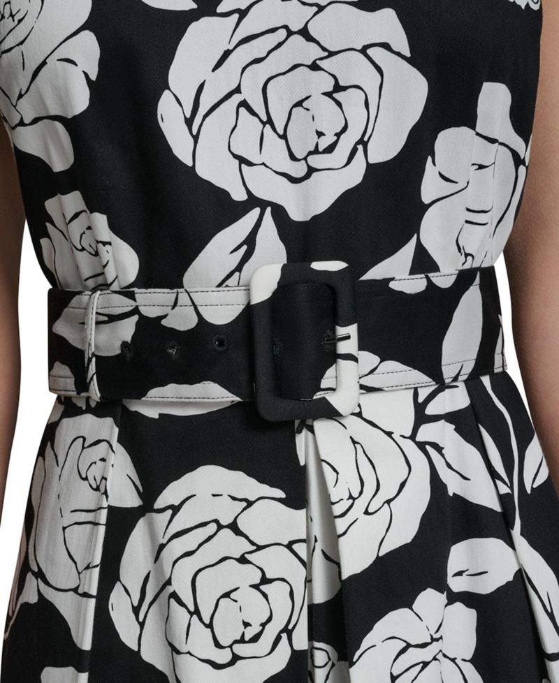 Women's Floral Border Print Crew Neck Midi Dress