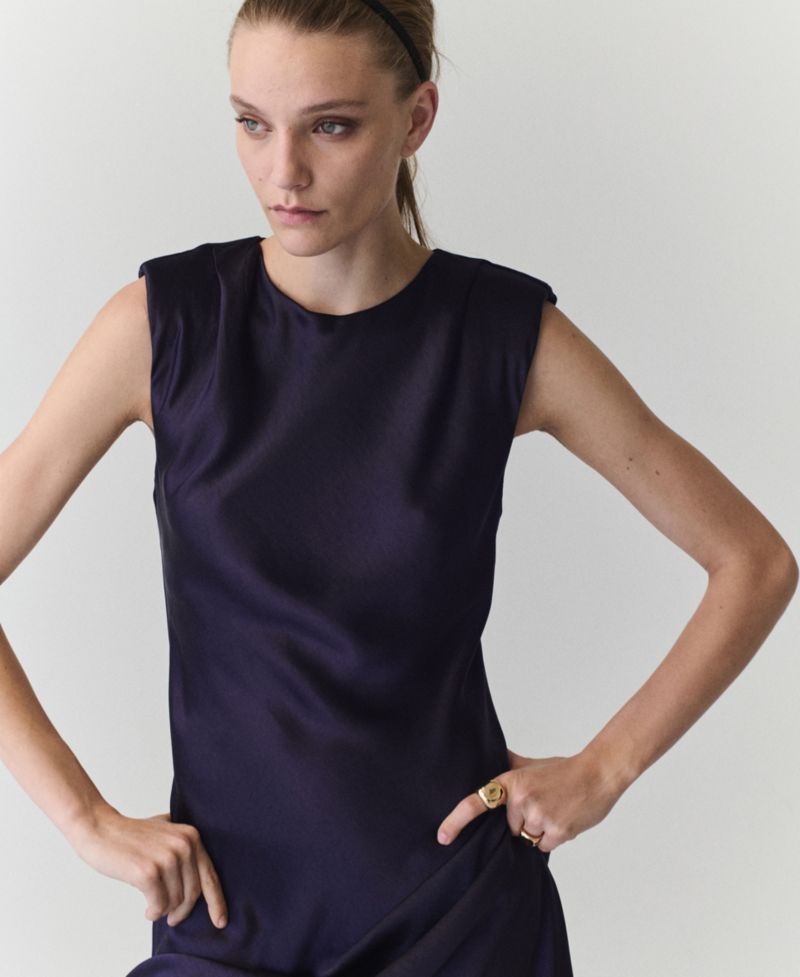 Women's Shoulder Pads Satin Midi Dress