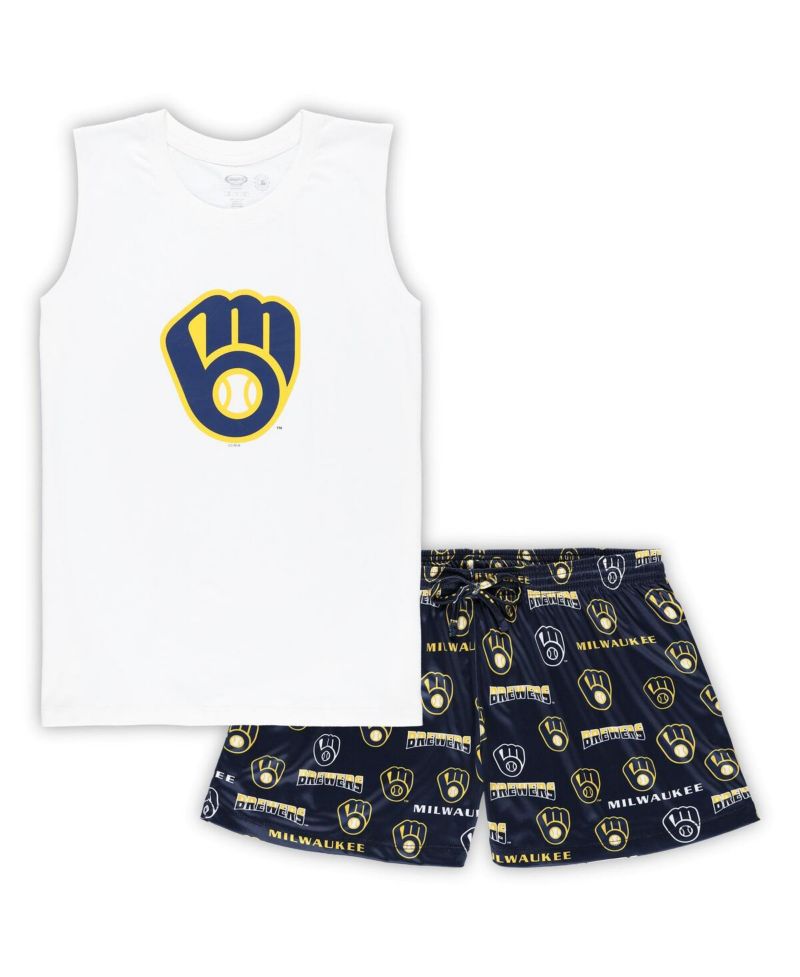 Women's White/Navy Milwaukee Brewers Plus Size Tank Top Shorts Sleep Set