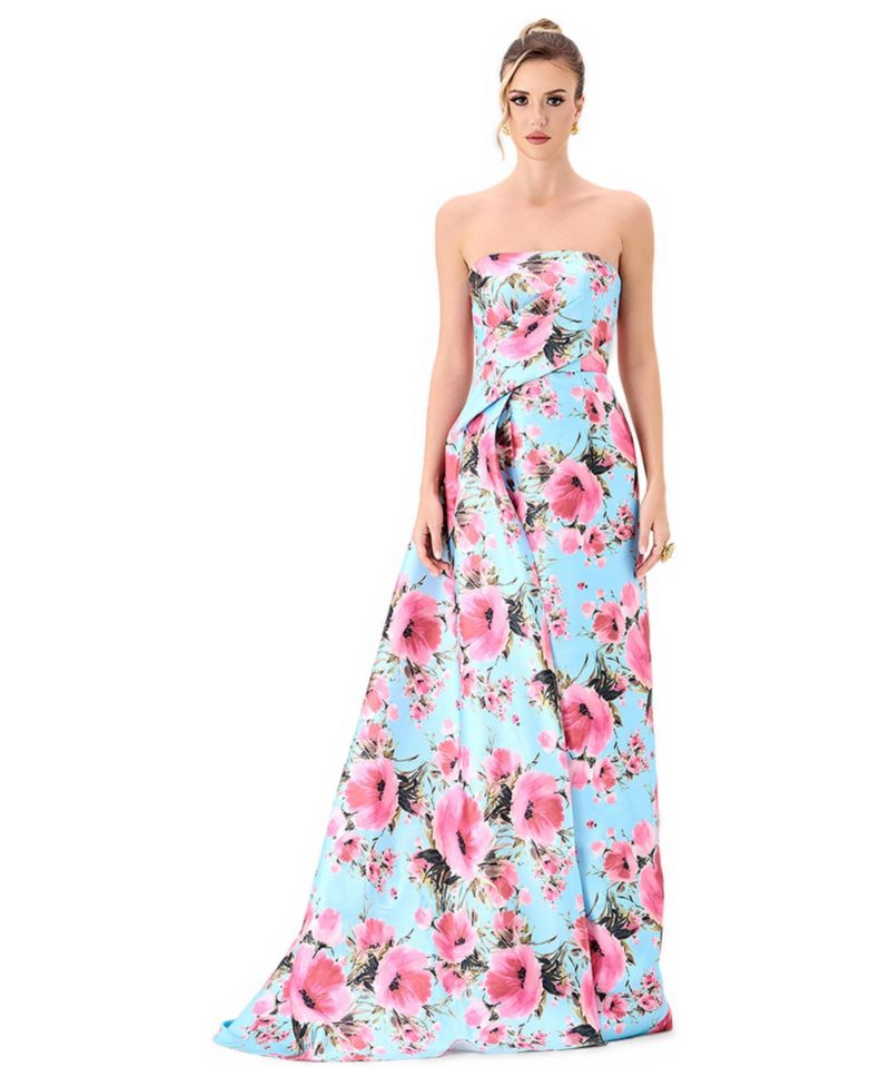 Women's Zia Strapless Floral-Print Asymmetric-Pleated Gown