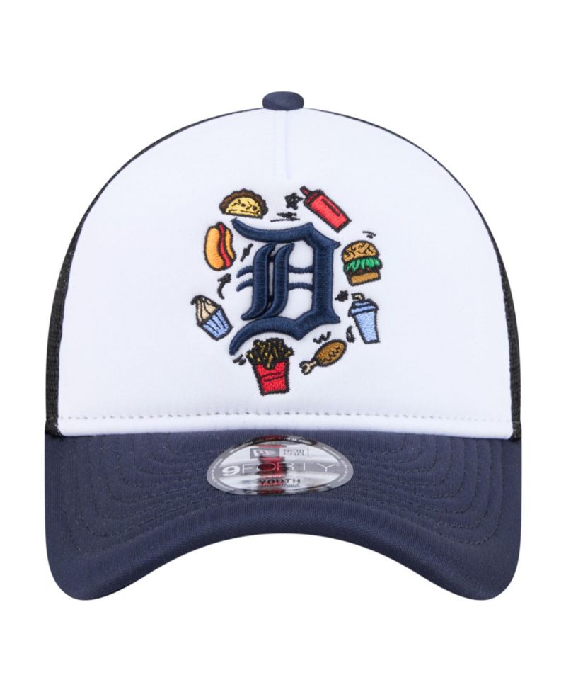 Big Boys and Girls White/Navy Detroit Tigers Food A-Frame 9FORTY Trucker Adjustable Hat