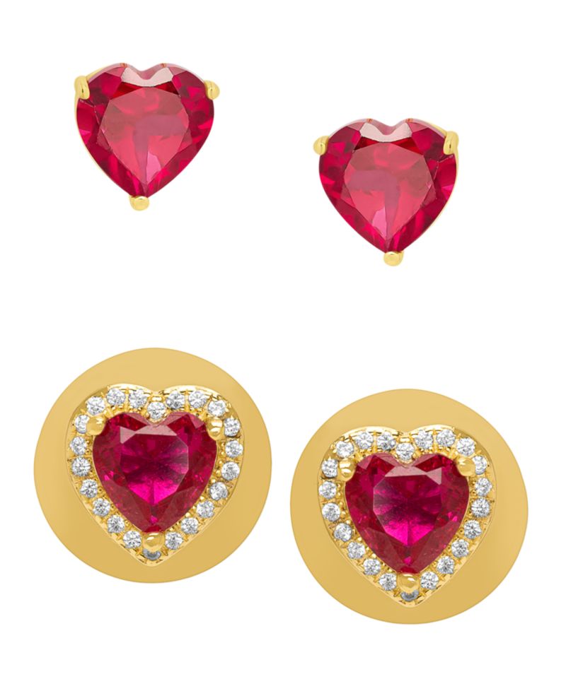 2-Piece Lab Grown Ruby (3.20 ct. t.w.) & Lab Grown White Sapphire (0.24 ct. t.w.) Heart Stud Earrings Set in 14k Gold Over Sterling Silver